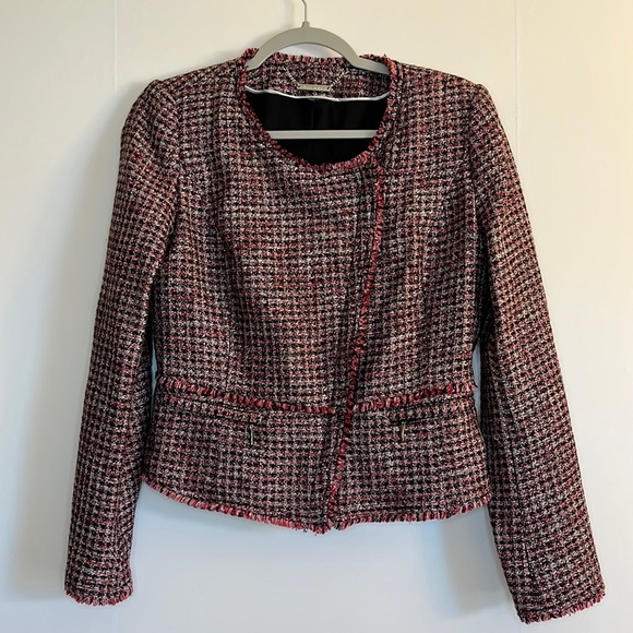 White House Black Market Boucle Tweet Blazer Size 4 Red Black Silver Metallic - Picture 2 of 10